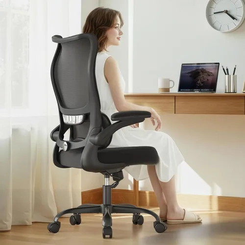 Vista 2 de Silla de oficina ergonómica - Silla de oficina cómoda de malla con respaldo alto con rueda de apoyo lumbar, sillas de oficina para el hogar