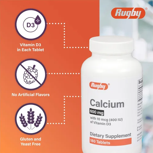 Vista 3 de Rugby - Tabletas de calcio de 600 mg – Hecho con 10 mcg (400 UI) de vitamina D3 – Suplemento dietético – 180 unidades (1 paquete)