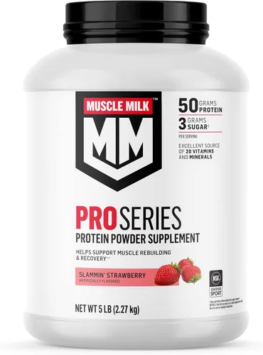 MUSCLE MILK Pro Series - Suplemento de proteína en polvo, fresa Slammin', 5 libras, 28 porciones, 1.76 oz de proteína, 0.17 onzas de azúcar, 20
