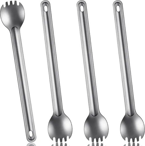 Vista 8 de 4 piezas de titanio de mango largo tenedor y cuchara ultraligeros Portabale cubiertos de 8.7 pulgadas, cuchara de sopa de camping para acampar al