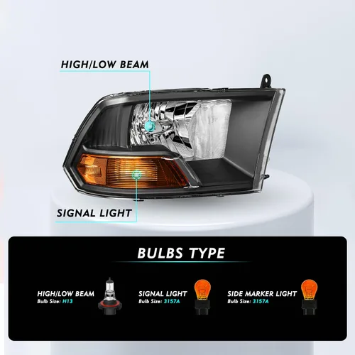 Vista 4 de TUSDAR Conjunto de faros para Dodge Ram 1500 2009-2012/2010-2012 Dodge Ram 2500 3500 Pickup, repuesto OE, carcasa negra, bombillas incluidas