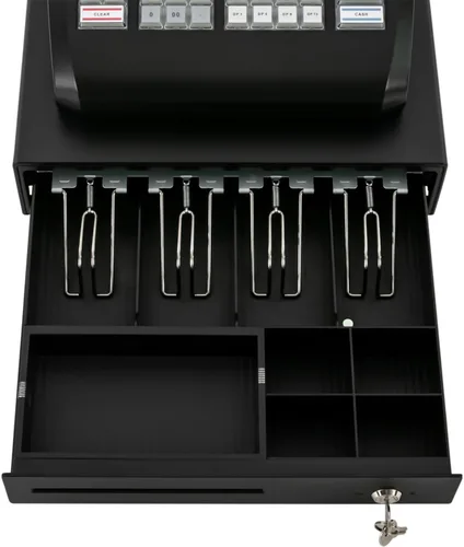 Vista 6 de Caja registradora electrónica de 47 teclas con pantalla LED y cajón de efectivo con cerradura, impresora térmica de carga rápida, compartimento