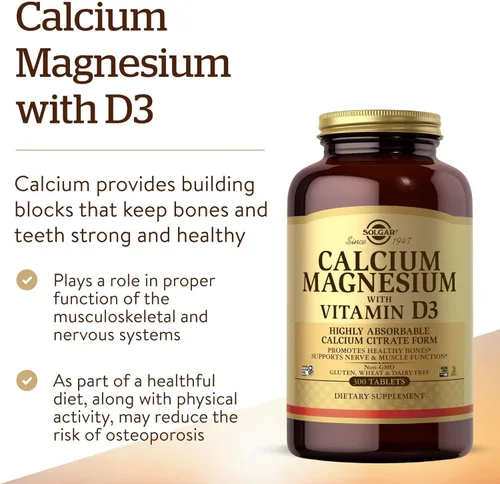 Vista 3 de Solgar Calcio y Magnesio con Vitamina D3, 300 Tabletas - Promueve Huesos Saludables, Apoya la Función Nerviosa y Muscular - Forma Altamente
