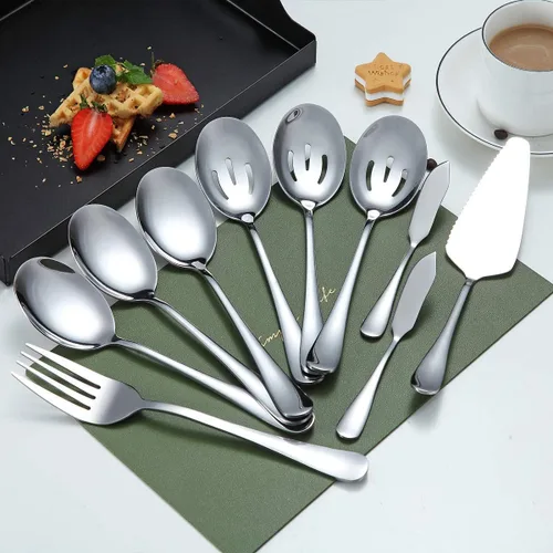 Vista 4 de Kyraton - Cucharas doradas para servir, 10 piezas, utensilios para servir, incluye 3 cucharas para servir, 3 cucharas ranuradas, 1 tenedor