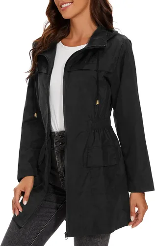 Vista 2 de Zando Chaqueta impermeable con capucha para mujer, chaqueta ligera para lluvia, rompevientos para exteriores