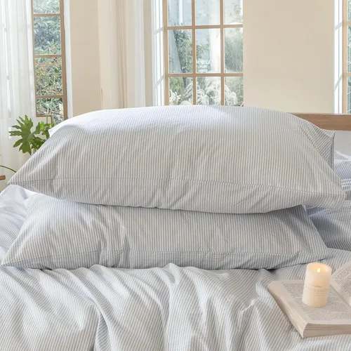 Vista 17 de MooMee Juego de 2 fundas de almohada 100% algodón lavado con textura parecida al lino, transpirable, duradera, suave y cómoda