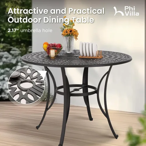 Vista 5 de PHI VILLA Juego de comedor de 7 piezas de barra alta para patio, juego de barra de aluminio fundido para 6 personas con mesa redonda de barra de 54