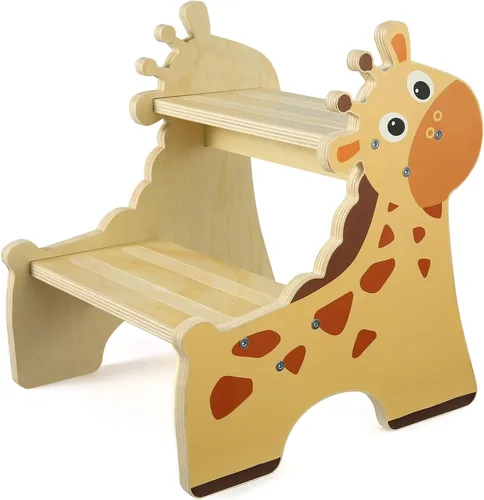 Taburete para niños pequeños, taburete de madera de 2 escalones para niños pequeños con base antideslizante, bonito diseño impreso para Jirafa