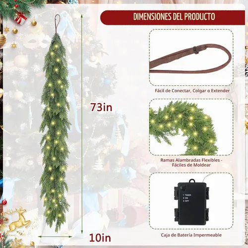 Vista 5 de Guirnalda de cedro de Navidad de 6 pies con luz, guirnalda de cedro iluminada de tacto real, guirnaldas artificiales para mesa, chimenea, pared