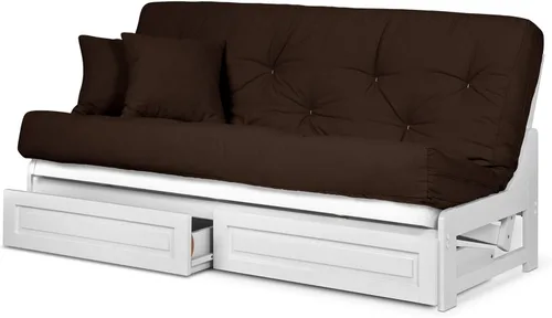 Vista 14 de Juego de futón Nirvana Futons Arden blanco, completo o queen, marco de futón de madera sin brazos con colchón incluido, cómodo, ahorro de espacio