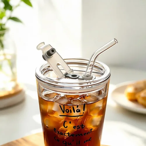 Vista 2 de 16 oz Hobnail Glass Cups with Lids and Straws Set of 2, Letter Pattern Reusable Iced Coffee Glasses, Leak-Proof Portable Drinking Cups for Smoothie