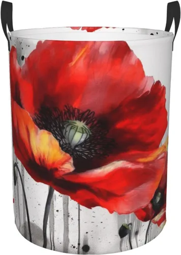 Beautiful Poppy Flower Ink print Circular Hamper Waterproof Storage Bin Organizer Basket Laundry Hamper With Handles For Clothes Toys Small