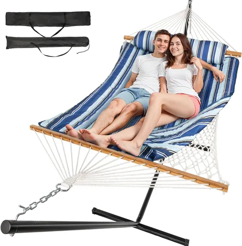 Everyfun - Hamaca para 2 personas al aire libre con soporte, hamaca de cuerda de algodón con almohadilla de poliéster, estructura de acero