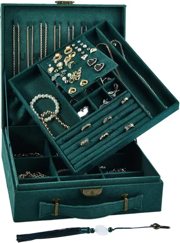 Somduy Joyero de 2 capas, almacenamiento de joyas y caja de exhibición, almacenamiento de collar de doble fila de gran capacidad, con asa, con