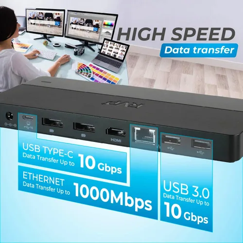 Vista 9 de RVP+ Concentrador USB C de monitor dual (base USB C) con puerto de pantalla 4K dual, 2 puertos USB 2.0, Ethernet y carga de 100 W - Puerto