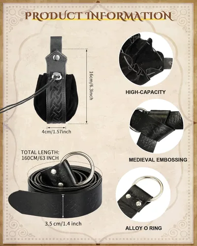 Vista 2 de 2 Pcs Medieval Viking Belt Medieval Faux Leather Belt Pouch Renaissance Leather Belt Medieval Bag Renaissance Accessories
