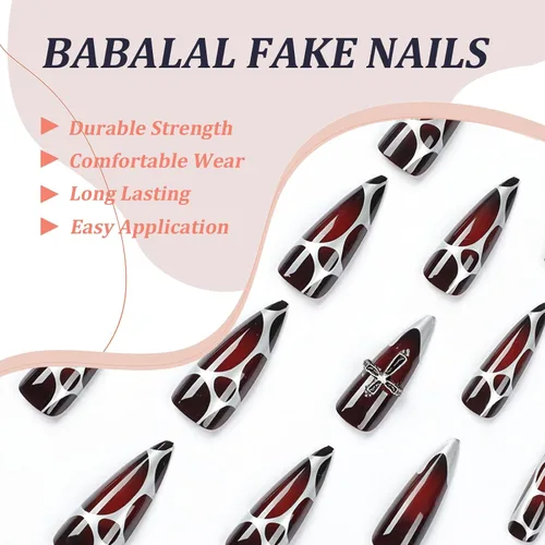 Vista 5 de BABALAL Uñas postizas largas a presión, uñas postizas negras y rojas, uñas acrílicas de almendra con diseño gótico, uñas adhesivas para mujeres