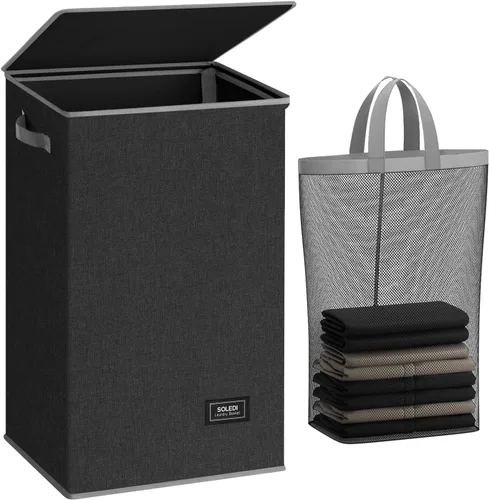 Vista 38 de SOLEDI - Canasta de lavandería con tapa de 100L, canasta de ropa plegable grande y alta, cesta de lavandería con bolsa removible fácil