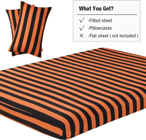 Vista 5 de Vaulia Juego de sábanas de 3 piezas, tamaño individual, microfibra suave, patrón de rayas naranja y negro, sábanas bajeras con bolsillo profundo