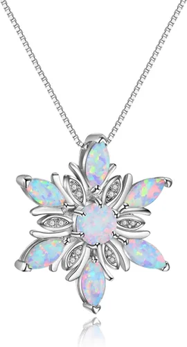 AXELUNA White Created Opal Snowflake Necklace Sterling Silver Cubic Zirconia Snow Flower Christmas Jewelry for Women Winter Gift