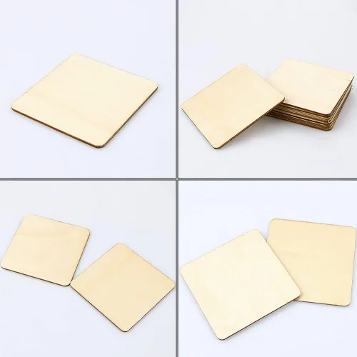 Vista 4 de TKOnline 100 piezas de madera sin terminar, 3 x 3 pulgadas, madera natural en blanco, cuadradas, rebanadas de madera para manualidades, pintura