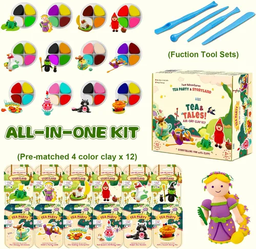Vista 2 de Kit de arcilla seca al aire para niños, kits de manualidades de arcilla temática, figuras de historia, 12 cajas de arcilla de modelado