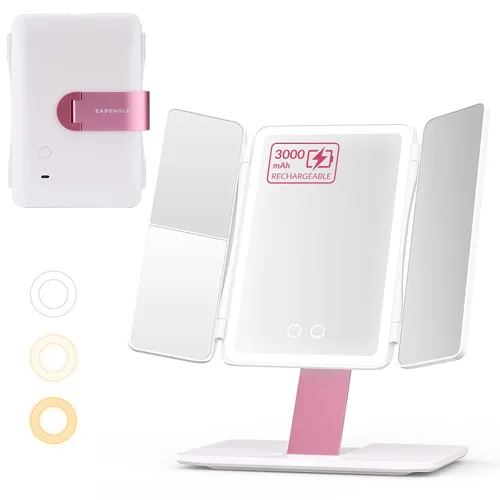 Vista 11 de EASEHOLD Espejo de tocador recargable con luces, 116 LEDs espejo de maquillaje, espejo de maquillaje iluminado de 3 colores, aumento 2X/3X/10X, 5000