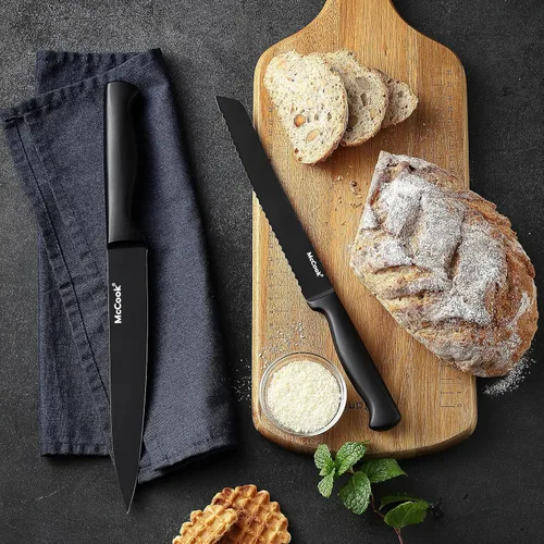 Vista 7 de McCook - Juego de cuchillos, juego de bloques de cuchillos de acero inoxidable alemán con afilador incorporado, negro