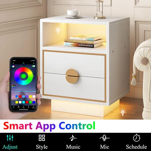 Vista 5 de Mesitas de noche LED, mesita de noche de madera blanca con luces LED, mesa auxiliar con 2 cajones para dormitorio, sala de estar