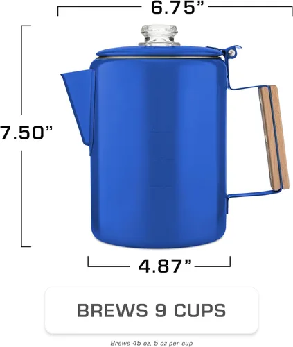 Vista 4 de COLETTI Bozeman Blue Percolator Cafetera — Cafeteras de Camping — La Percoladora Favorita para Camping — SIN Aluminio o Plástico [9 tazas, Azul]