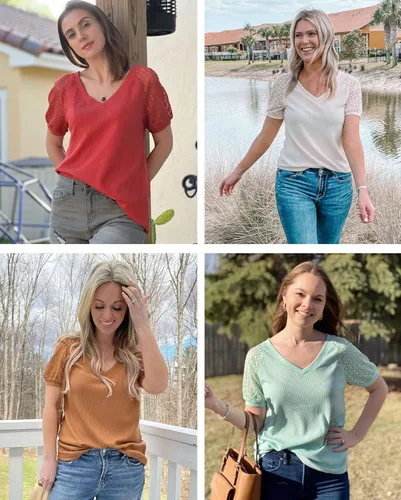 Vista 4 de MEROKEETY - Blusa de manga corta con cuello en V y encaje de verano para mujer
