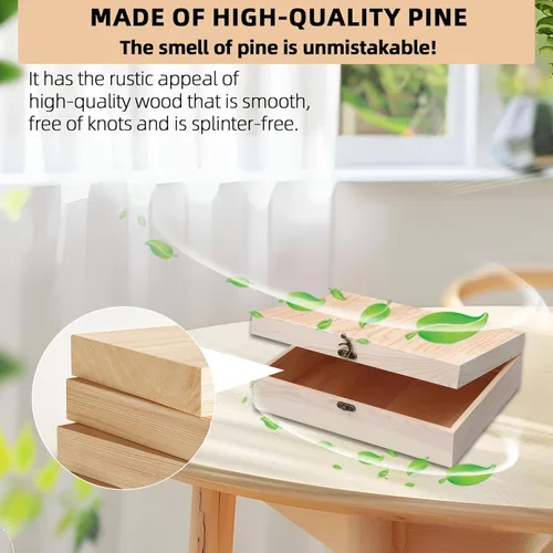 Vista 4 de Caja de madera sin terminar con tapa con bisagras para manualidades DIY almacenamiento de joyas caja de pino - 12" x 9" x 3.35
