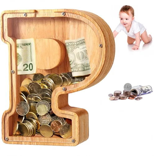 Vista 42 de UBeesize alcancías de letras para niños y niñas, alcancía de madera personalizada para billetes y monedas, caja de dinero, regalo de cumpleaños
