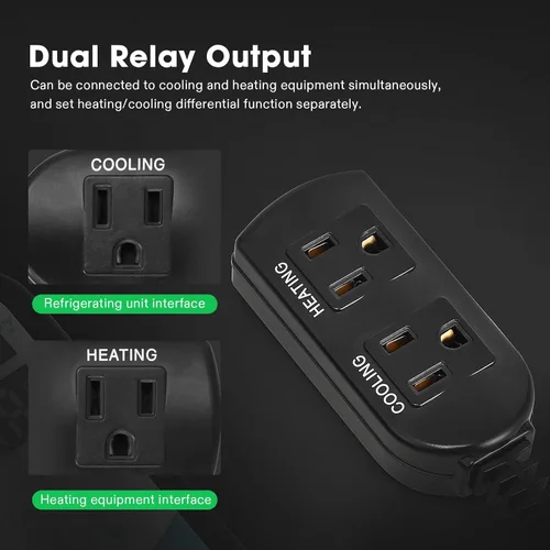 Vista 4 de VIVOSUN Controlador digital de temperatura de 1500 W, termostato de salida de 2 etapas modo de calefacción y refrigeración, termostato con pantalla