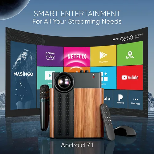 Vista 2 de MASINGO Máquina de karaoke portátil 4 en 1 con proyector inteligente de 1080p con WiFi, altavoz y 2 micrófonos inalámbricos. Sistema Android