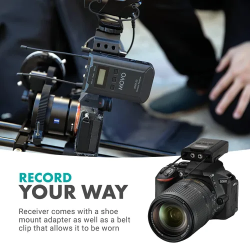 Vista 6 de Movo Sistema de micrófono inalámbrico UHF de 48 canales con 2 micrófonos inalámbricos y receptor, paquete de micrófono de condensador