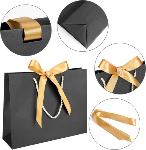 Vista 3 de EUSOAR Bolsas de regalo de papel con asas, 3 bolsas de papel kraft negras de agradecimiento de 10.6 x 3.1 x 8.3 pulgadas, con asa de lazo de cinta
