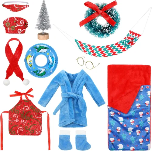 Vista 10 de Bencailor Juego de ropa de elfo de Navidad, incluye bata de baño, saco de dormir, delantal, hamaca, zapatos, bufanda para decoración de fiesta