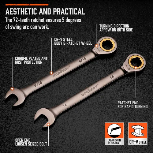 Vista 6 de HORUSDY 24-Piece Ratcheting Wrench Set Metric and SAE Ratchet Combination Wrenches Set with Organizer 72-Teeth Chrome Vanadium Steel 8-19
