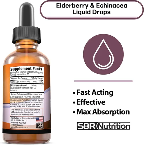 Vista 3 de SBR Nutrition D3+K2 y saúco paquete de vitamina D3K2 (MK7) gotas líquidas, menta, 1 onza Gotas líquidas de saúco, equinácea y vitamina C, 2 onzas