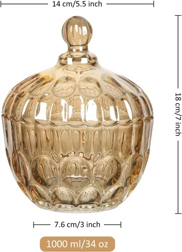 Vista 7 de Joeyan Plato de cristal ámbar para dulces con tapa, frasco grande cubierto para dulces, cuenco decorativo para dulces, recipiente de vidrio