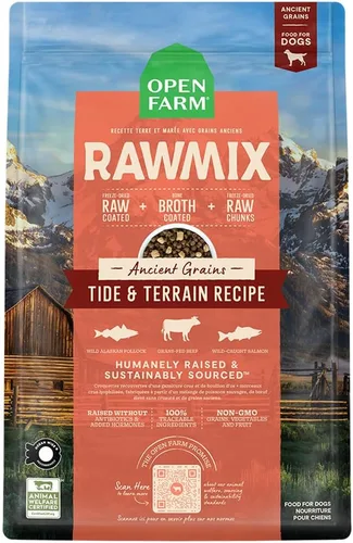 Vista 12 de Open Farm, alimento seco RawMix para perros con granos ancestrales, croquetas llenas de proteínas cubiertas en caldo de huesos con trozos crudos