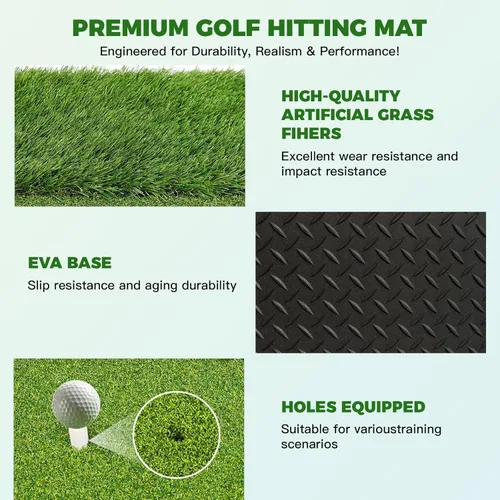 Vista 3 de Alfombrilla de golf de doble césped premium con espuma EVA de 0.394 pulgadas y respaldo de goma, antideslizante, antideformación, diseño resistente