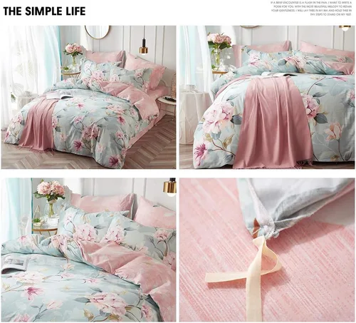 Vista 2 de VClife - Juego de ropa de cama de algodón de 3 piezas, tamaño queen, con estampado floral, ligero, suave, azul y rosa, vintage, funda de edredón
