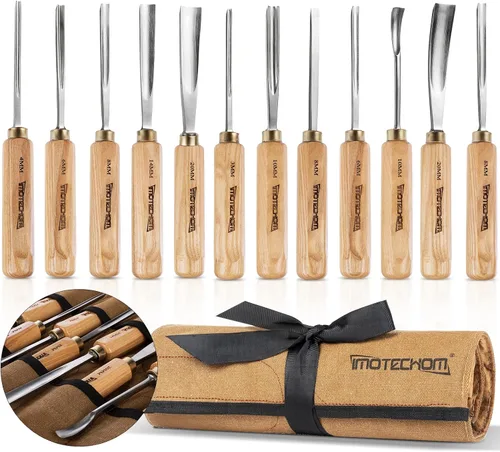 Vista 9 de Juego de cinceles de herramientas de tallado de madera para carpintería de 7 piezas con bolsa de lona, gubias y juego de cinceles para tallar