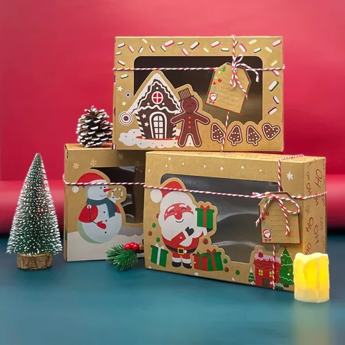 Vista 7 de PARSUP 24 cajas de galletas de Navidad con ventana de PVC, papel kraft, cajas de regalo para pasteles, dulces, pastel de chocolate con etiquetas