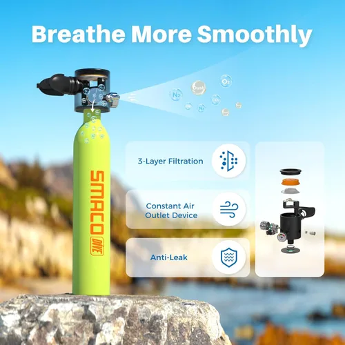 Vista 2 de SMACO S300 Plus Mini Scuba Tank 0.5L Lung Air Tank Portable Diving Tank for Underwater Exploration Reusable Diving Cylinder Kit for Emergency Rescue