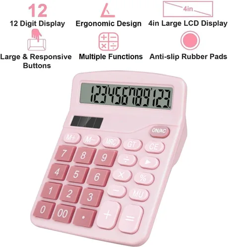 Vista 3 de Bonita calculadora básica de escritorio para niños, doble energía solar y de batería, 4 funciones simples y cálculos financieros básicos con botones