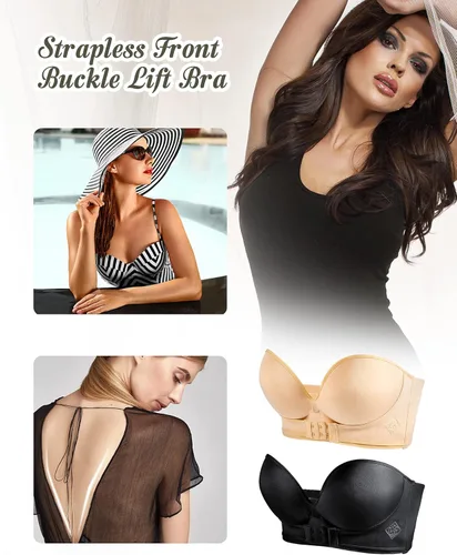 Vista 4 de 2 brasieres de realce sin tirantes con hebilla frontal, brasier de levantamiento para mujer, sin varillas, antideslizante, invisible, con gancho