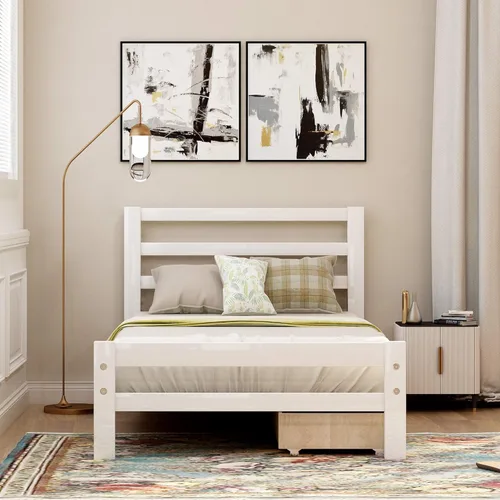 Vista 3 de Merax Marco de cama moderno de madera maciza con cajones, plataforma baja con cabecero, no necesita somier, tamaño individual, color blanco